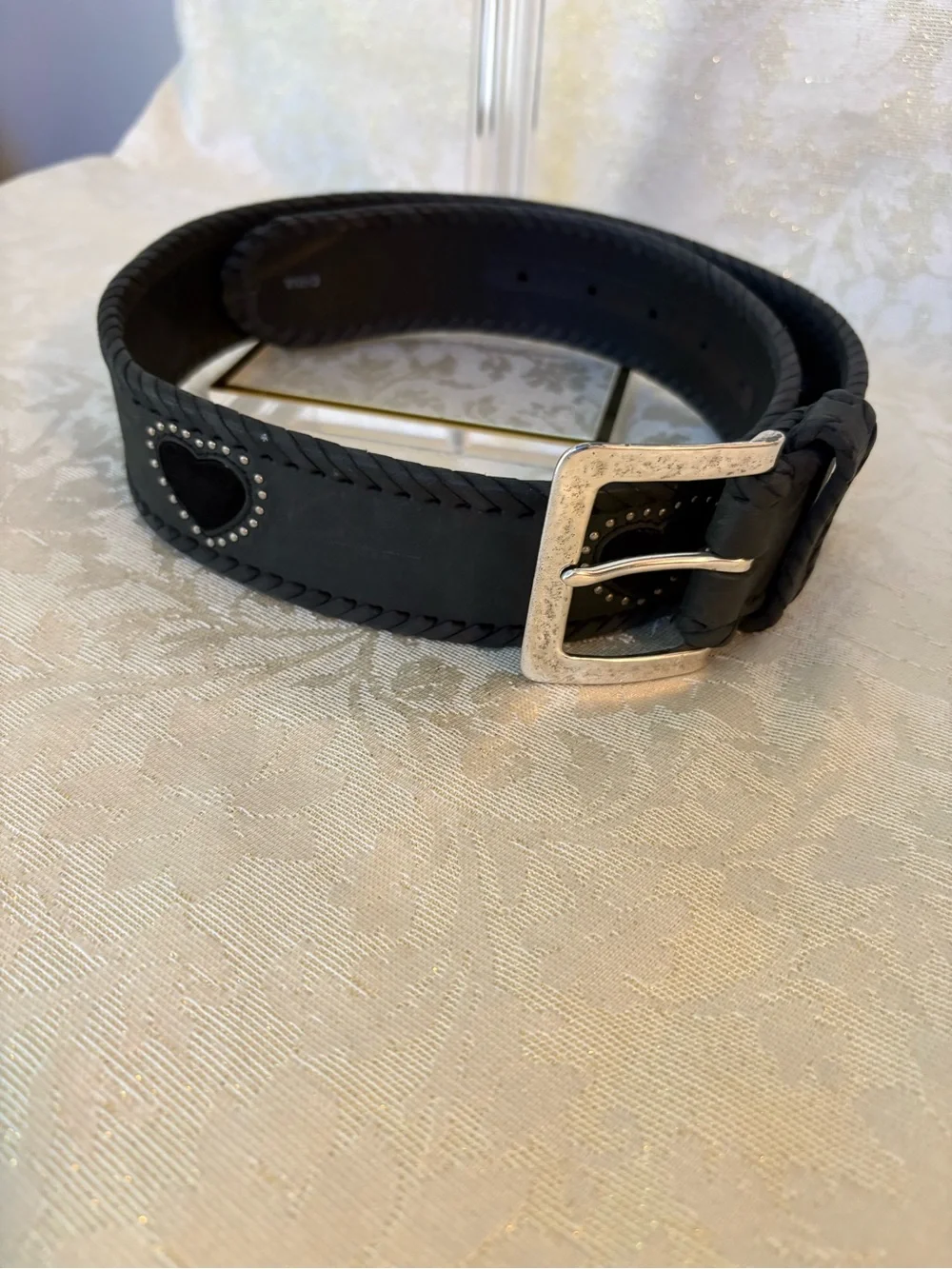 Brighton Gray and Black Heart Belt with Heart Stud Accent and Whipstitch Edges